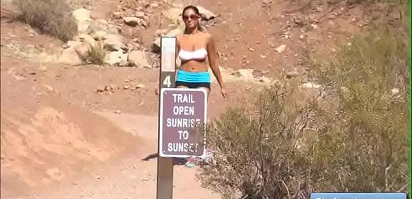  Sexy hot babe Stacy goes for a run and reveal her natural big boobs outdoors and masturbate on some rocks